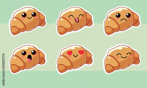 A set of cute kawaii-style croissant stickers, each showing different emotions: joy, love, surprise, sadness, and happiness. 