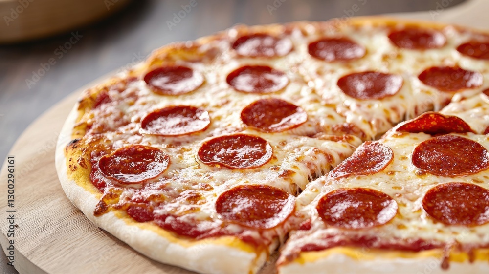 Delicious pepperoni pizza on a wooden board, perfect for a casual meal or party snack. Delicious pepperoni pizza on a wooden board, perfect for a casual meal or party snack.