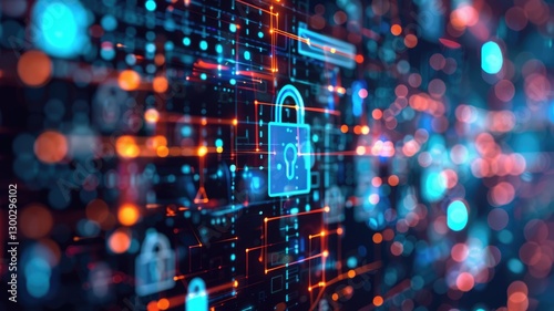 Wallpaper Mural Picture of digital security system to protect dangerous hacking computer user in colorful light of cyberspace style theme. Coding and programming for guarding digital technology from criminal. AIG53. Torontodigital.ca