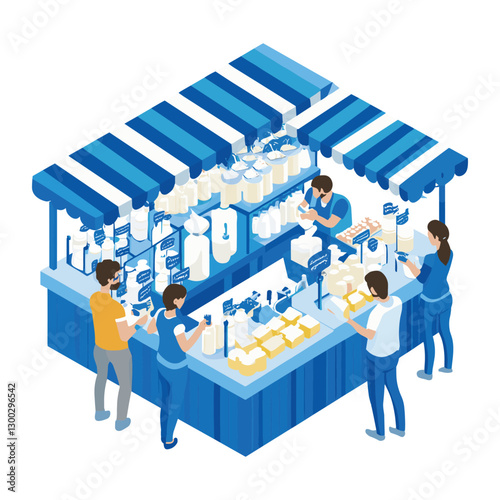 Isometric Seafood Market Stall with Customers