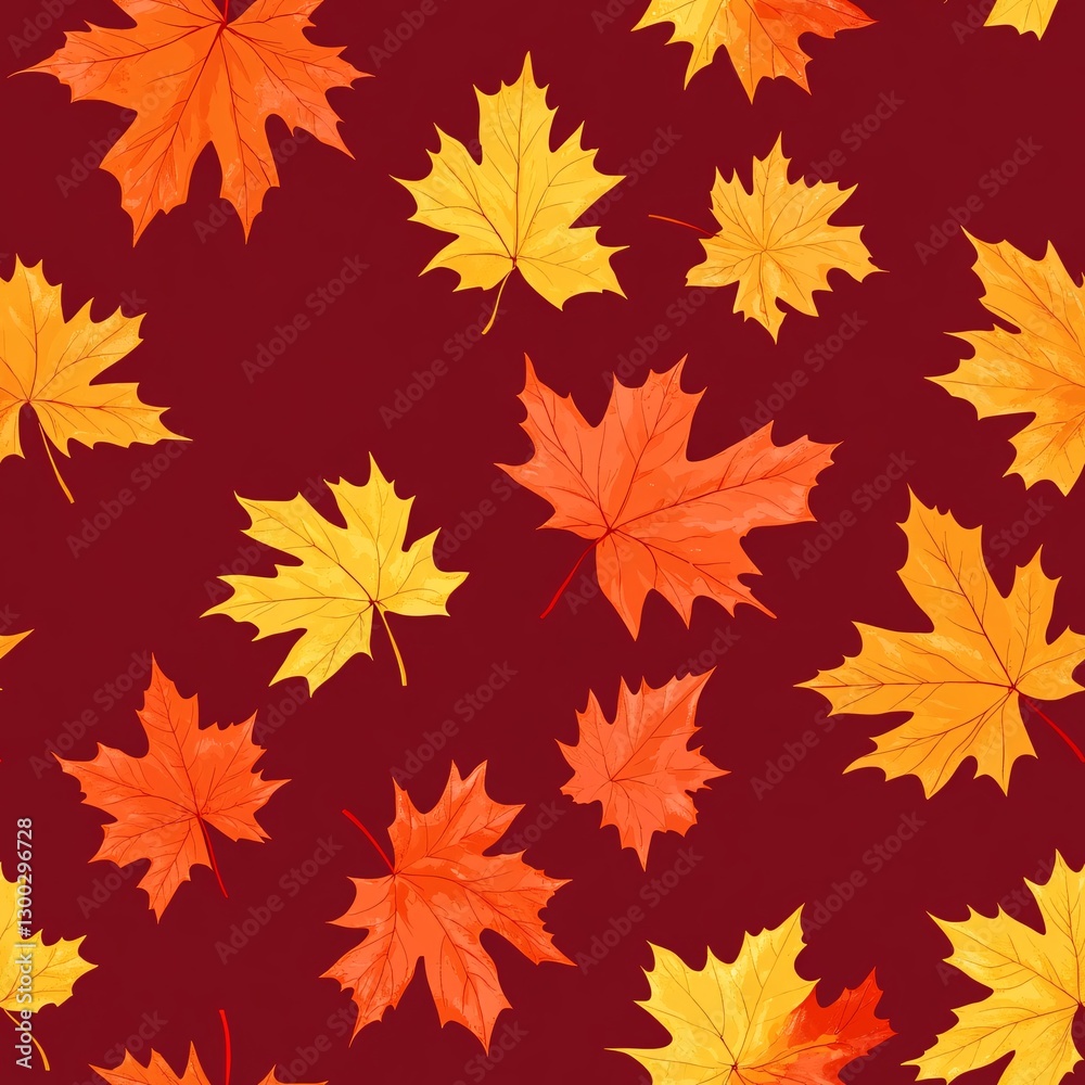 Autumn Bliss: Seamless Pattern of Falling Maple Leaves in Red, Orange, and Yellow Tones Autumn Bliss: Seamless Pattern of Falling Maple Leaves in Red, Orange, and Yellow Tones