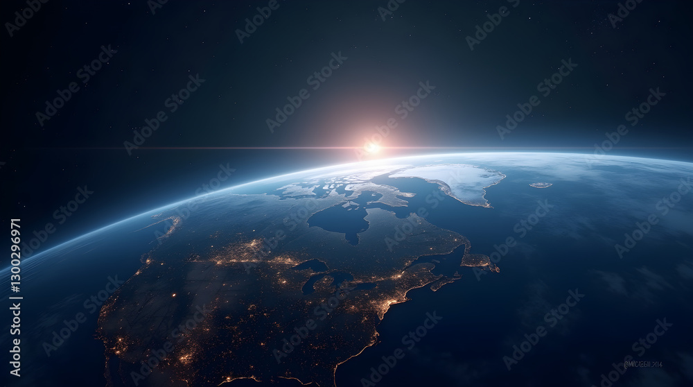 Obraz premium Earth from Space Sunrise Cinematic View City Lights Horizon