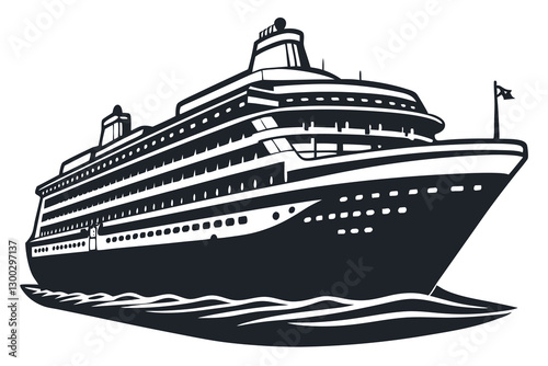 A black and white drawing of a cruise ship in the ocean