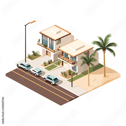 Isometric Modern Beach House with Palm Trees