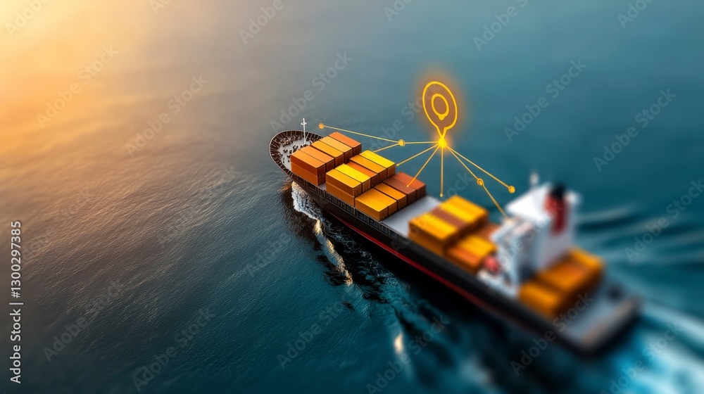 Obraz premium Container Ship Navigating Through Ocean with Tracking Technology Visualization