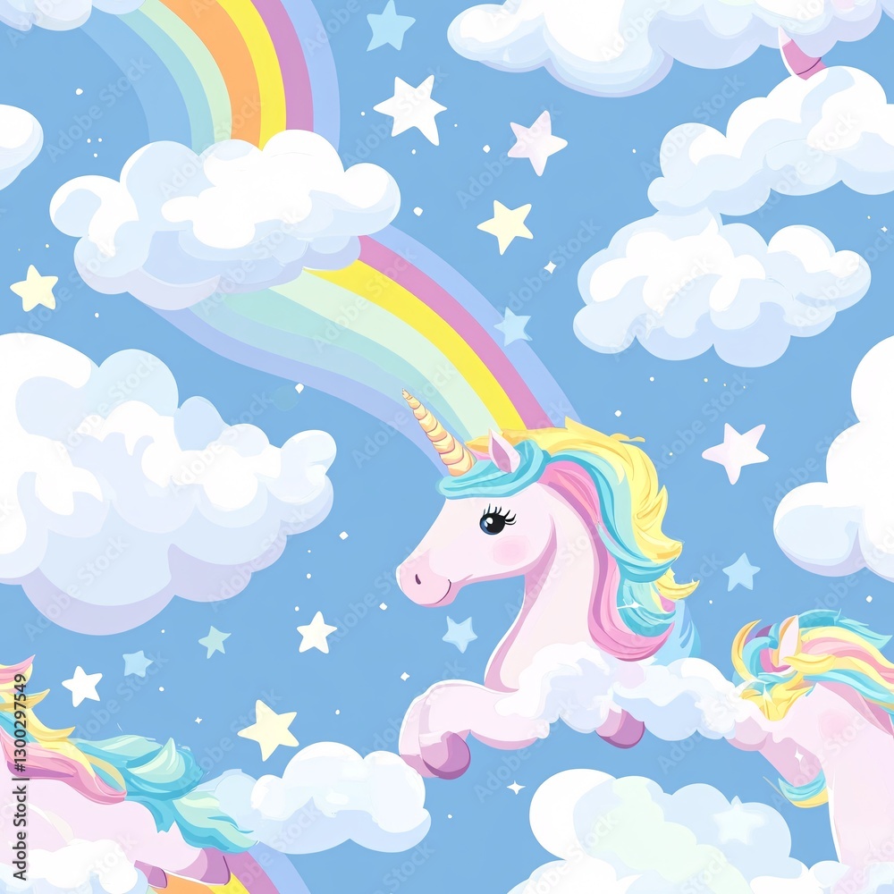 Obraz premium Whimsical Unicorn and Rainbow Seamless Pattern with Fluffy Clouds and Pastel Stars
