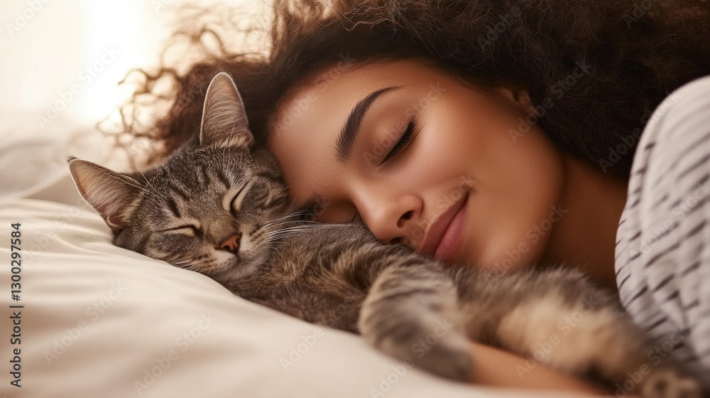 Woman and Cat Sleeping Peacefully Together Woman and Cat Sleeping Peacefully Together
