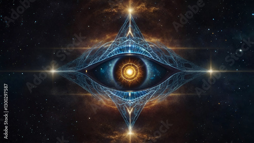 Mystical third eye opening banner revealing cosmic knowledge and spiritual enlightenment, higher consciousness, higher self