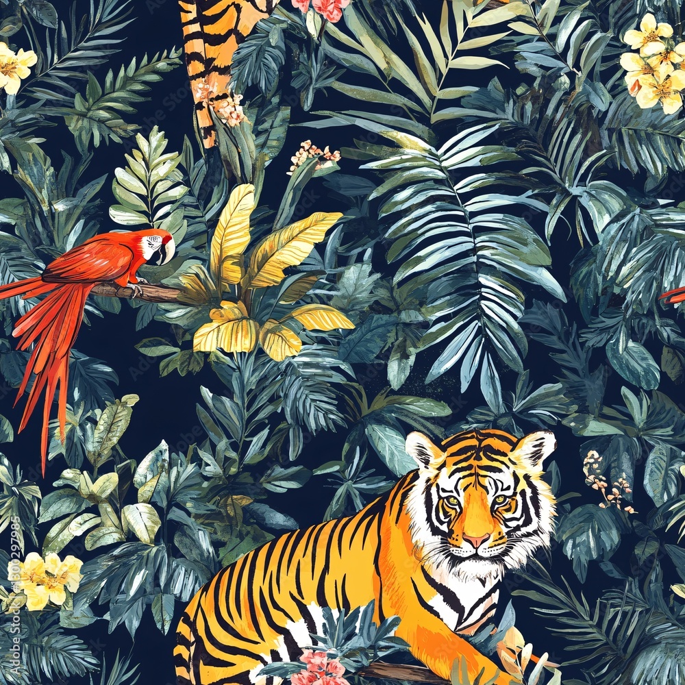 Obraz premium Vibrant Jungle Wildlife Seamless Pattern with Tigers, Parrots, and Tropical Plants