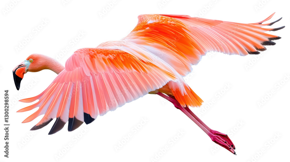 A flamingo in mid-flight, with its wings spread wide, soaring against a transparent background, highlighting the vivid pink and orange tones of its feathers A flamingo in mid-flight, with its wings spread wide, soaring against a transparent background, highlighting the vivid pink and orange tones of its feathers