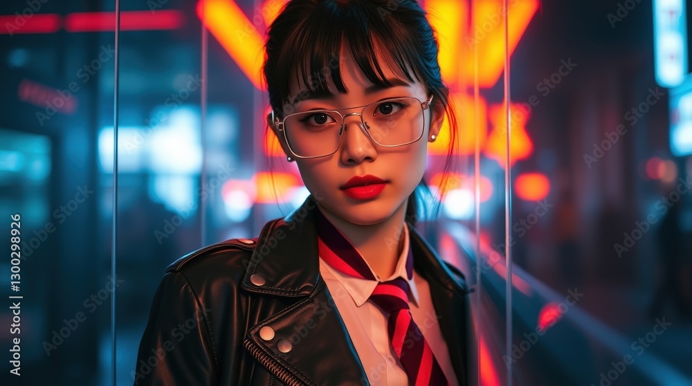 Fototapeta premium Young woman with glasses, red tie, and leather jacket posing at night with neon lights.