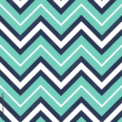 Stylish seamless pattern with bold turquoise chevrons and contrasting navy and white stripes, creating a dynamic and energetic design ideal for modern fashion, branding, or beach-themed applications.