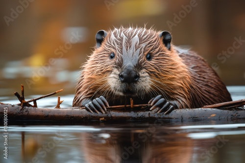 Wet Eurasian beaver clinging to riverine branch, displaying natural swimming behavior amid rippling water currents
