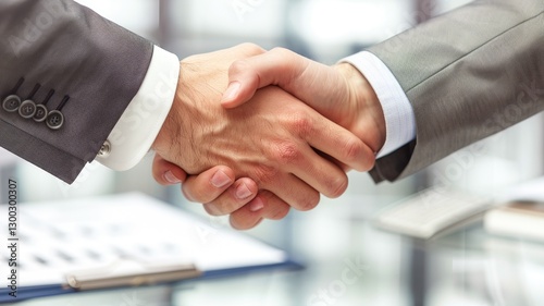 Close up of professional business man and lawyer making hand shale while dealing legal agreement with blurring background. Manager dealing business plan while wearing suit. Partnership concept. AIG53.