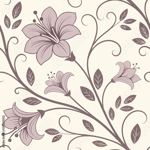 Sophisticated seamless pattern with delicate lavender floral motifs, swirling ivory vines, and lace-like details, creating a refined and feminine vintage aesthetic ideal for premium stationery and we