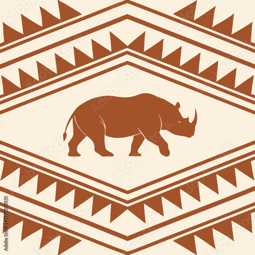 Stylish seamless pattern with a tribal design in warm burnt orange and cream, featuring bold angular shapes and zigzag lines, creating a contemporary bohemian look ideal for high-end textiles and adv