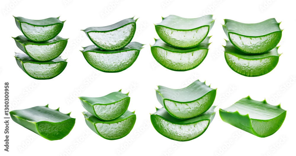 Obraz premium Fresh Aloe Vera Leaves Cut and Stacked on Transparent Background, Bundle Set Collection, Isolated on Transparent Background