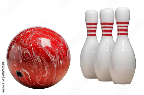 Red bowling ball and white pins isolated on a transparent background