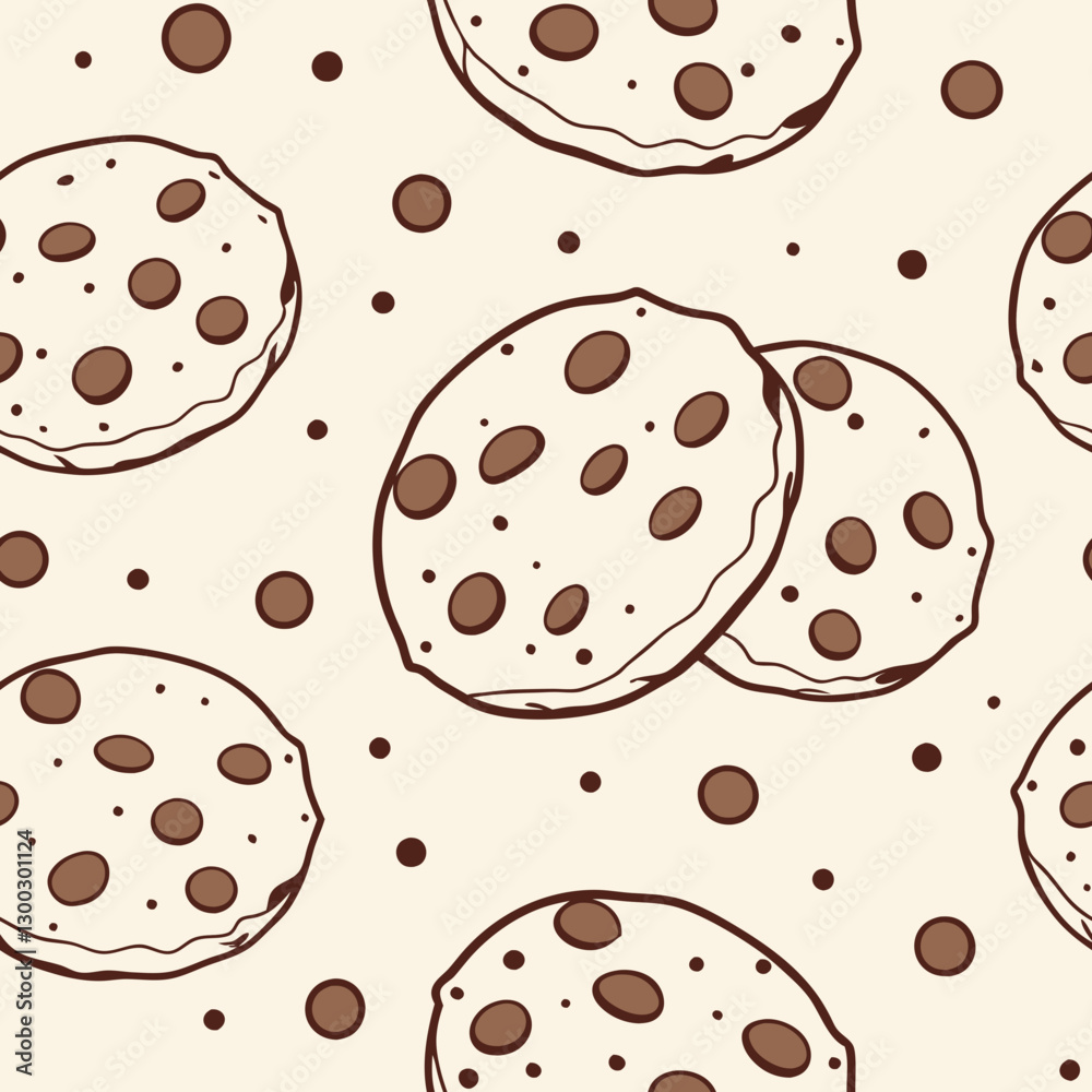 Luxurious seamless pattern with chocolate chip cookies and polka dots in chocolate brown and vanilla, creating a whimsical and elegant design perfect for high-end stationery and baking-themed project