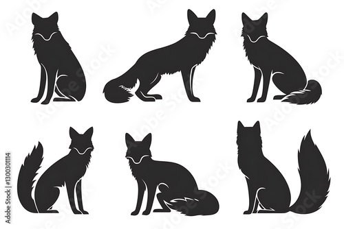 Silhouette of foxes in different poses on a white background copy space