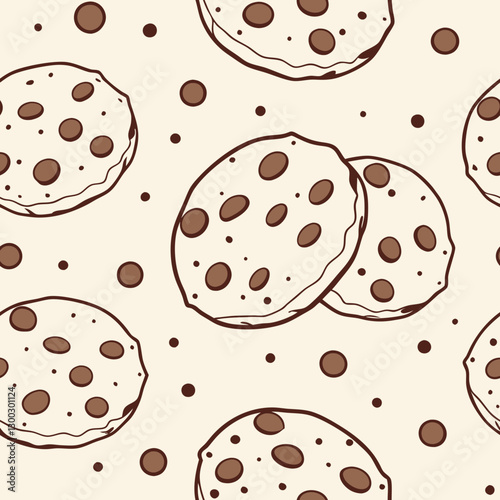 Luxurious seamless pattern with chocolate chip cookies and polka dots in chocolate brown and vanilla, creating a whimsical and elegant design perfect for high-end stationery and baking-themed project
