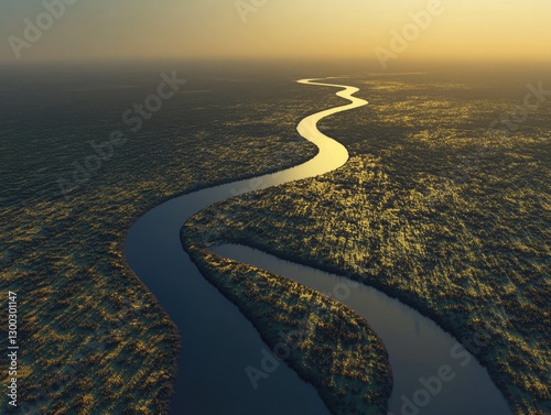 Serpentine River Flowing Through Wetlands Under A Mellow Golden Sky