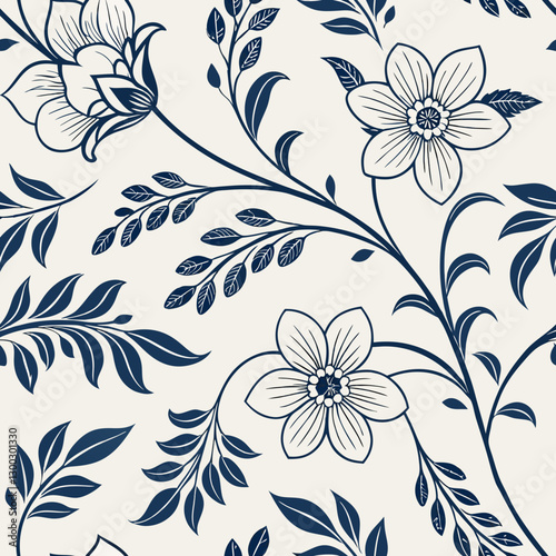 Luxurious seamless pattern showcasing a Delftware-inspired floral design in cobalt blue and ivory, creating a sophisticated and timeless aesthetic perfect for high-end stationery and home décor.