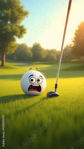 Funny Animated Golf Ball with Scared Expression on Golf Course