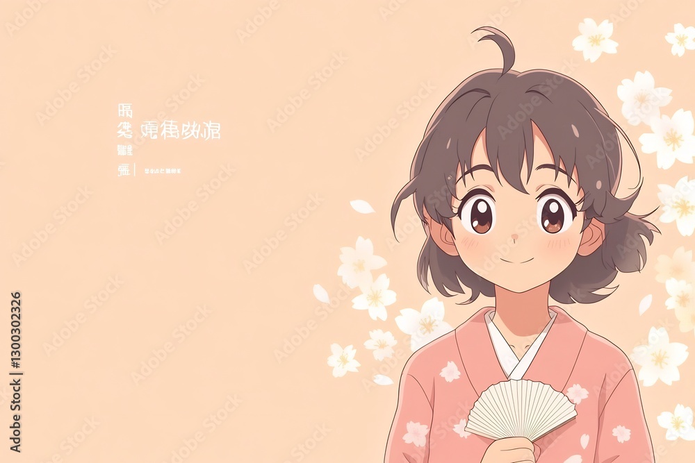 anime girl in pastel pink kimono with cherry blossom pattern holding paper fan anime girl in pastel pink kimono with cherry blossom pattern holding paper fan