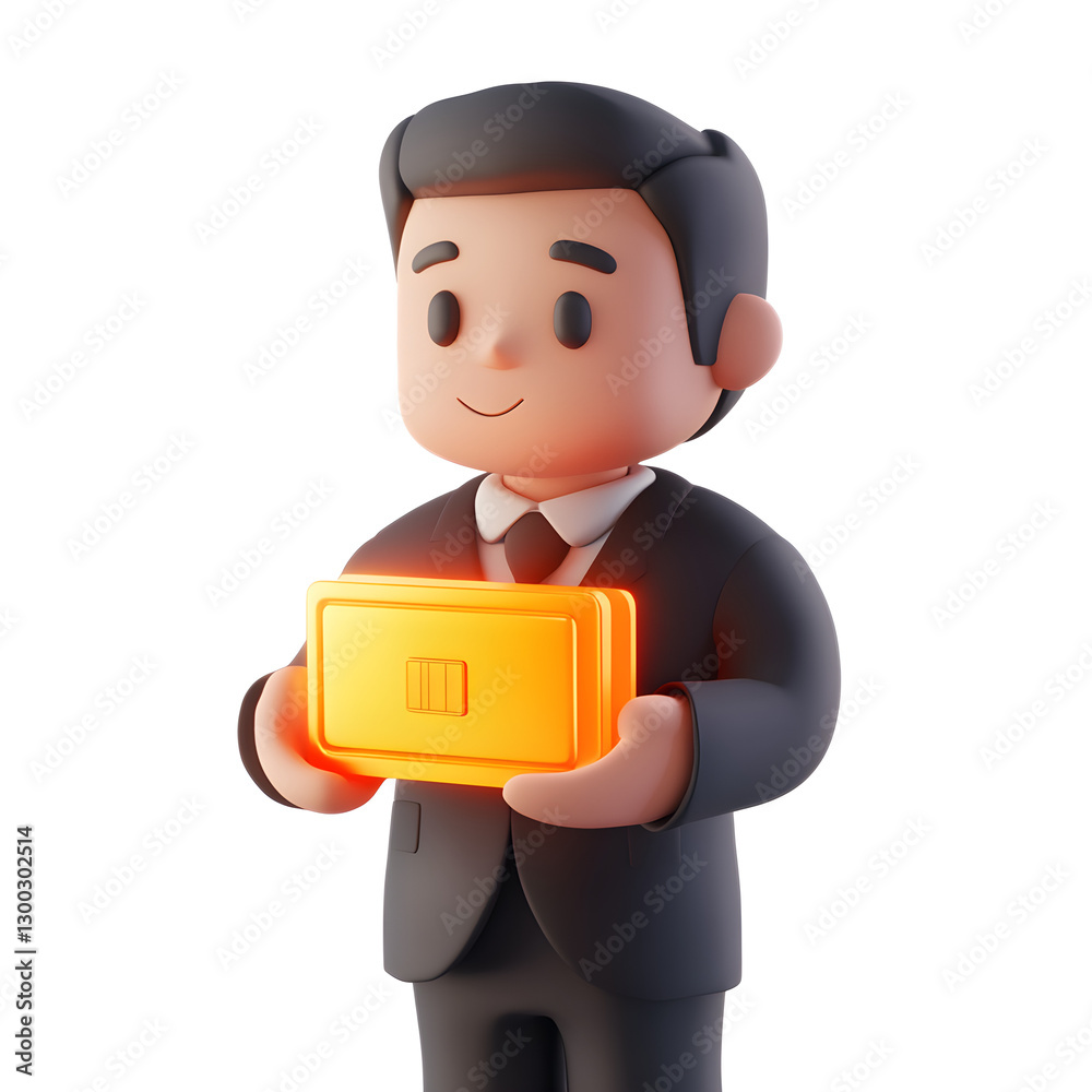 A businessman holding a glowing digital wallet 3D icon A businessman holding a glowing digital wallet 3D icon