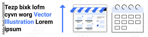 Online storefront with a blue-striped awning, growth arrow pointing upwards, and calendar with circles. Ideal for marketing, e-commerce, planning, growth, strategy, scheduling business goals