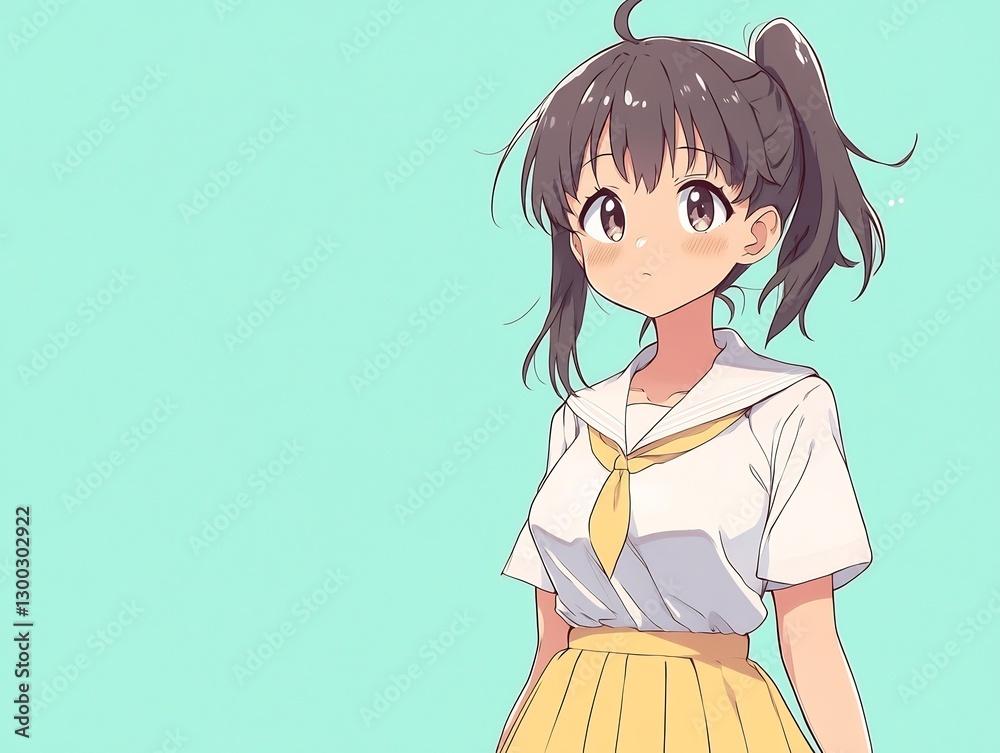 anime schoolgirl in pastel yellow pleated skirt on mint background anime schoolgirl in pastel yellow pleated skirt on mint background