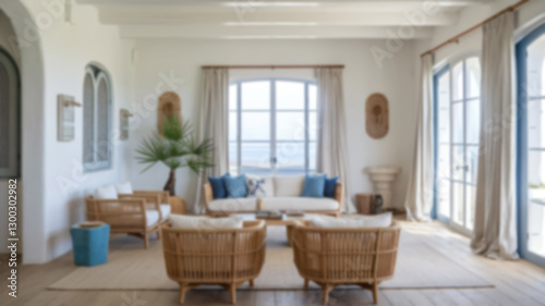 A blurred photo of a modern coastal living room interior, perfect for virtual Zoom meeting video call backgrounds or wallpapers.