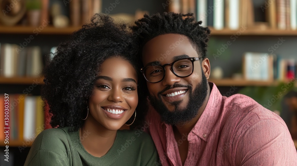 Smiling Couple Posing Indoors with Bookshelf Background for Happy Lifestyle Photography Smiling Couple Posing Indoors with Bookshelf Background for Happy Lifestyle Photography