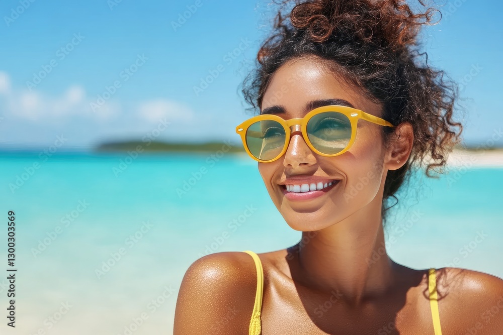 Smiling Woman with Yellow Sunglasses Enjoying a Sunny Beach Day Smiling Woman with Yellow Sunglasses Enjoying a Sunny Beach Day