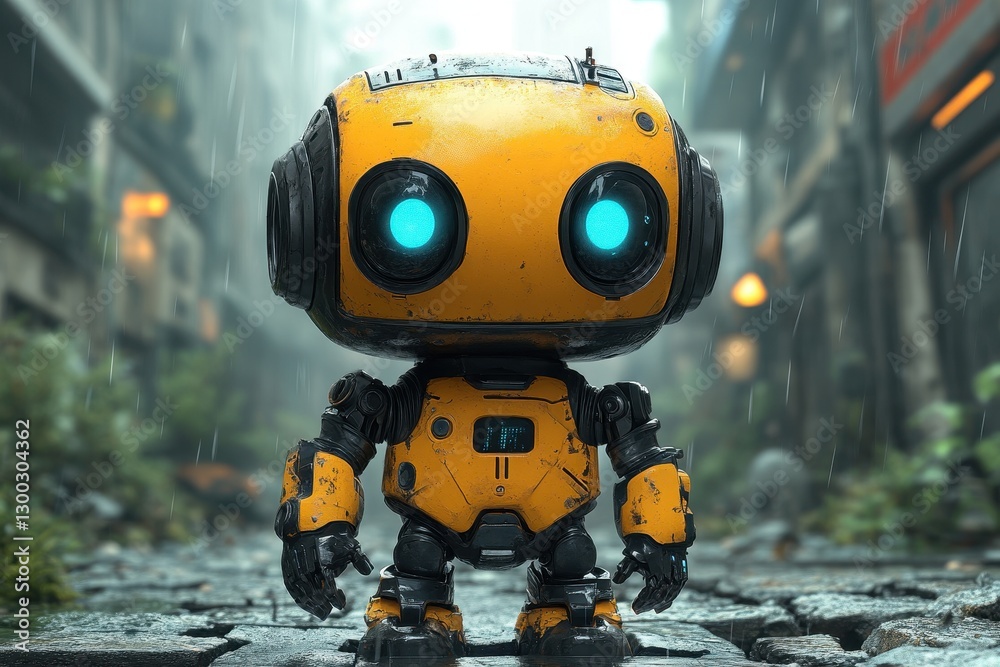 Cute robot standing in a rainy, abandoned city street with glowing blue eyes exploring its surroundings during the evening hours Cute robot standing in a rainy, abandoned city street with glowing blue eyes exploring its surroundings during the evening hours