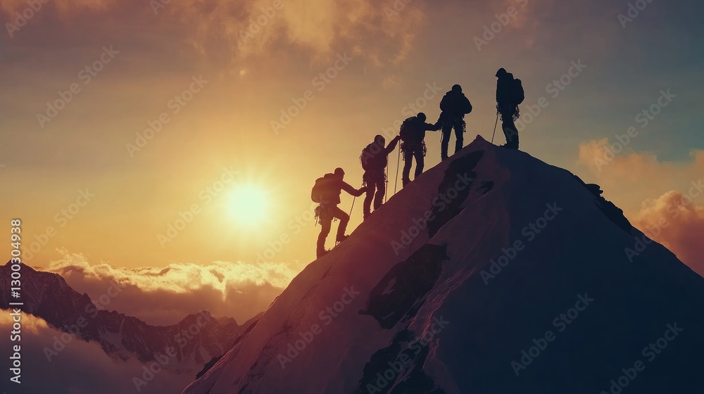 Fototapeta premium Climbers summit sunset mountain peak