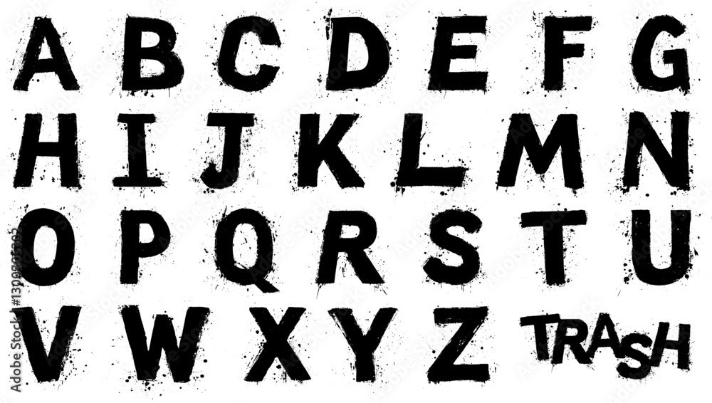 Alphabet en style grunge avec effet d’éclaboussure sur fond blanc