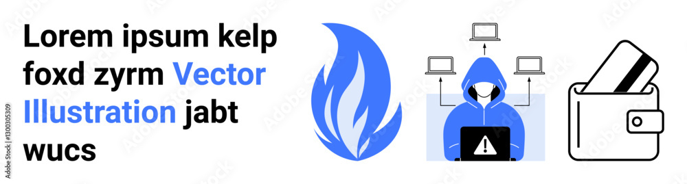 Hacker in a hoodie with a laptop, connected devices, text element, blue flame, wallet with credit cards. Ideal for cybersecurity, data protection, online privacy, hacking prevention financial Hacker in a hoodie with a laptop, connected devices, text element, blue flame, wallet with credit cards. Ideal for cybersecurity, data protection, online privacy, hacking prevention financial