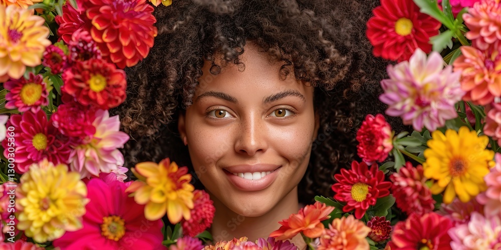 Portrait of a beautiful African or African American woman among flowers in retro style Portrait of a beautiful African or African American woman among flowers in retro style