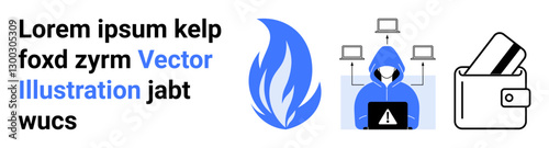 Hacker in a hoodie with a laptop, connected devices, text element, blue flame, wallet with credit cards. Ideal for cybersecurity, data protection, online privacy, hacking prevention financial