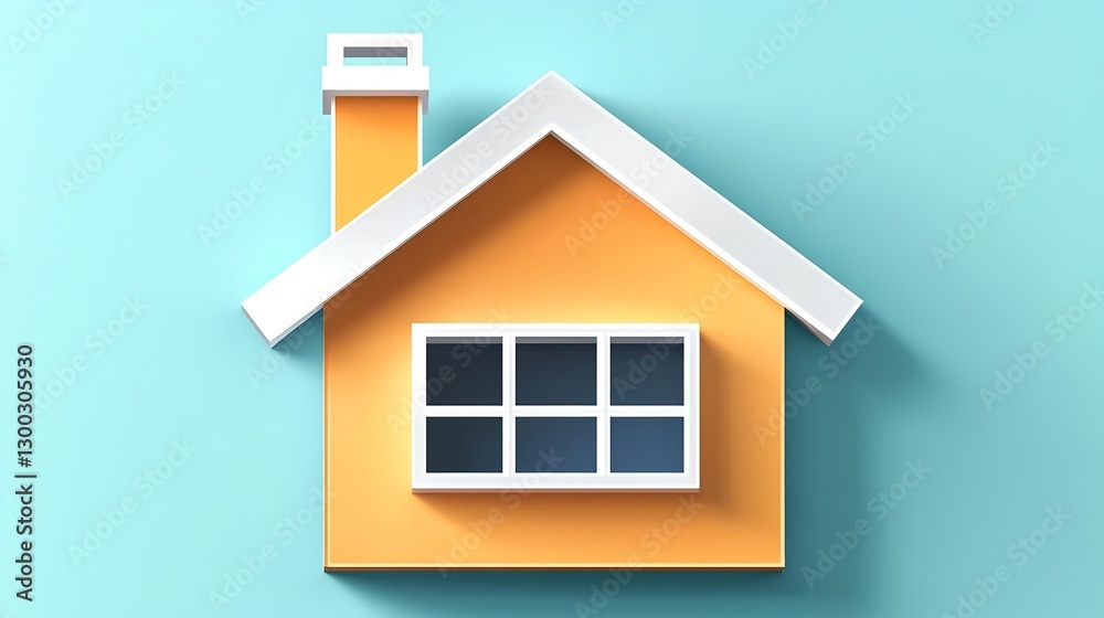 Bright Orange House Design with White Roof and Chimney on Blue Background Bright Orange House Design with White Roof and Chimney on Blue Background