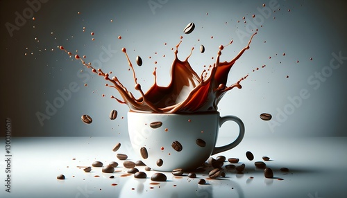 Dynamic Coffee Splash with Flying Beans in a White Cup, High-Speed Motion Photography