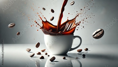 Dynamic Coffee Splash with Flying Beans in a White Cup, High-Speed Motion Photography