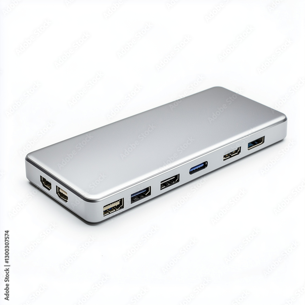 A slim silver docking station with multiple ports on a white background A slim silver docking station with multiple ports on a white background
