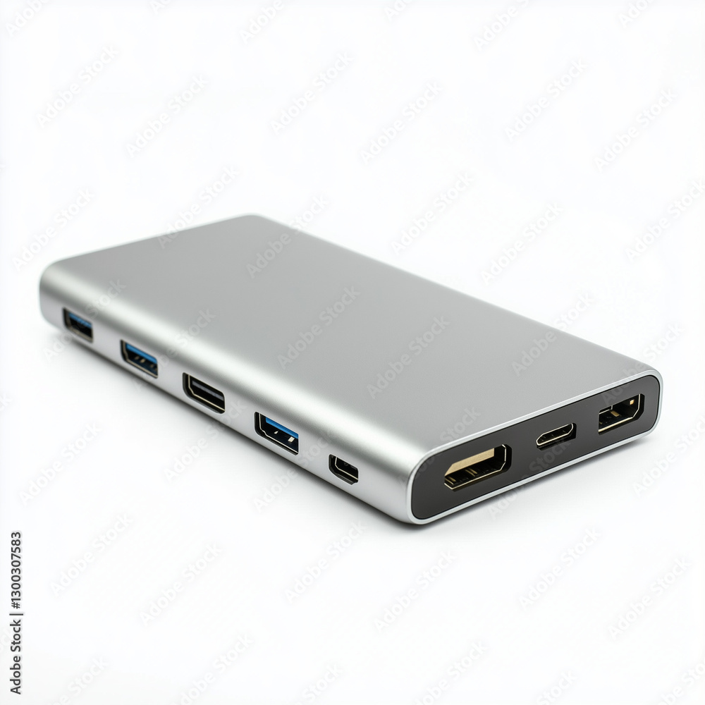 A slim silver docking station with multiple ports on white background A slim silver docking station with multiple ports on white background