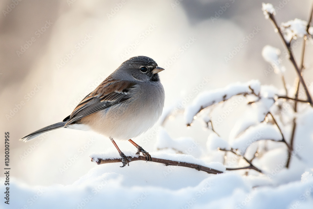 Bird on Winter Snow with Wildlife Footprints in a Frosty Landscape Bird on Winter Snow with Wildlife Footprints in a Frosty Landscape
