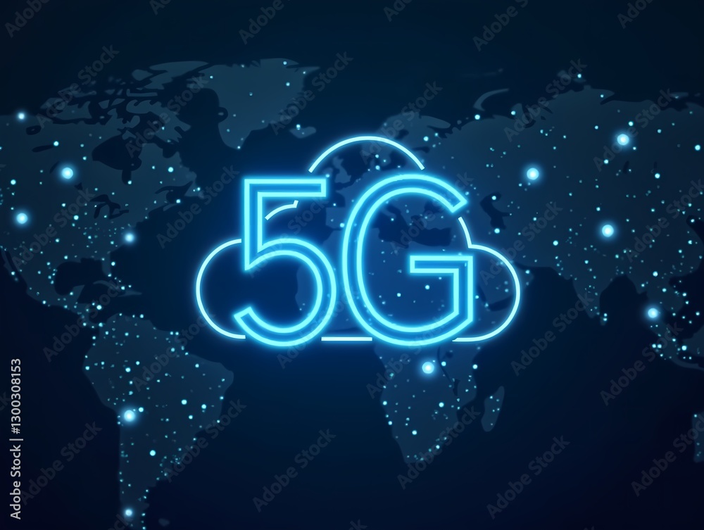 5G Cloud Icon Over Global Map with Blue Lights 5G Cloud Icon Over Global Map with Blue Lights