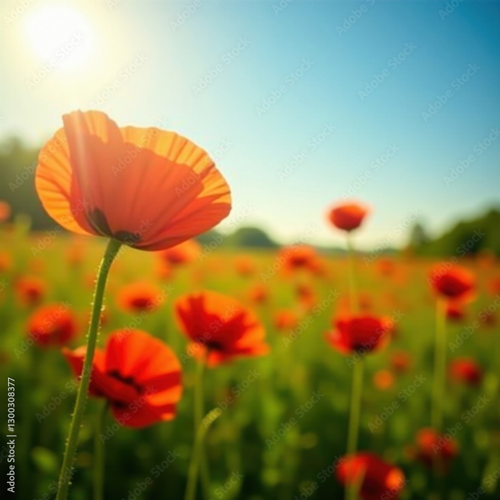 Fototapeta premium Vibrant red poppies bathed in sunlight, summer field , light, color, plant