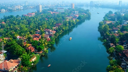Aerial view showcases the lush landscapes and waterways of Kochi City with a glimpse of Kochi Metro, 4k Videos, Aerial View Of Kochi City, Kochi Metro, in the city of Kochi, Kerala, India